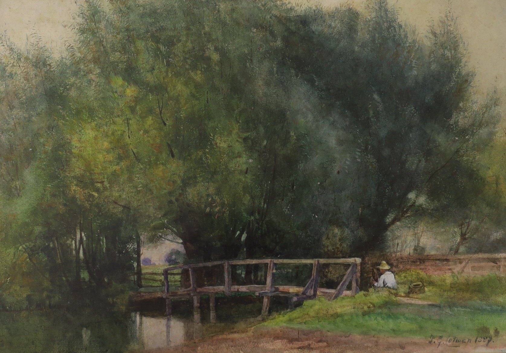 Frederick George Cotman (1850-1920), watercolour, Angler seated beside a wooden footbridge, signed and dated 1887, 27 x 39cm